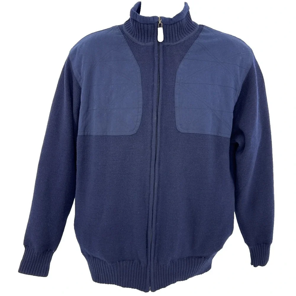 Orvis Men's Wool Sweater Jacket M Full Zip Plaid Lined Navy Shooting Patches